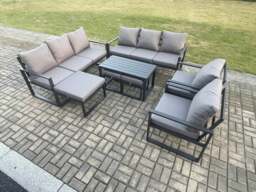 Rackhams Aluminium Outdoor Garden Furniture Lounge Sofa 2 PC Chairs Oblong Coffee Table Sets with 3 Footstools Dark Grey - thumbnail 2