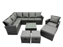Rackhams Poly Rattan Outdoor Patio Coffee Table Corner Sofa Set with 3 Stool Chair for Garden Backyard Dark Grey Mixed - thumbnail 1