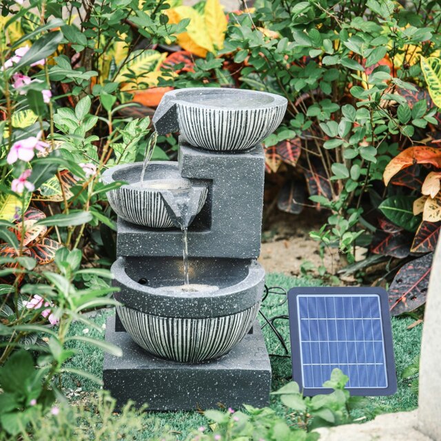 Rackhams Outdoor Water Fountain Rockery Decoration 3 Tier Bowls Solar Powered