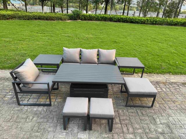 Rackhams 7 Seater Aluminium Outdoor Dining Set with Adjustable Rising Dining Table, Chairs, 3 Footstools, 2 Side Tables - Dark Grey - image 1