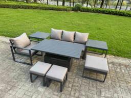 Rackhams 7 Seater Aluminium Outdoor Dining Set with Adjustable Rising Dining Table, Chairs, 3 Footstools, 2 Side Tables - Dark Grey - thumbnail 2