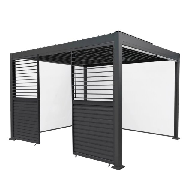 Rackhams Anthracite Aluminium Pergola With White Blinds & 2 Shutter Panels - 3m x 4m - image 1