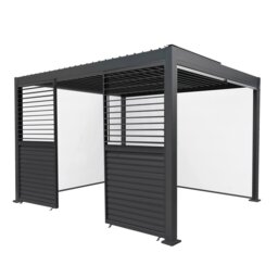 Rackhams Anthracite Aluminium Pergola With White Blinds & 2 Shutter Panels - 3m x 4m