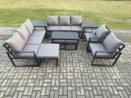 Rackhams Aluminium Outdoor Garden Furniture Lounge Sofa 2 PC Chairs Oblong Coffee Table Sets with 2 Side Tables 3 Footstools Dark Grey - thumbnail 1