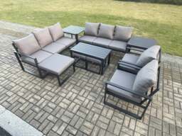 Rackhams Aluminium Outdoor Garden Furniture Lounge Sofa 2 PC Chairs Oblong Coffee Table Sets with 2 Side Tables 3 Footstools Dark Grey - thumbnail 2