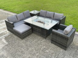 Rackhams Rattan Garden Corner Furniture Gas Fire Pit Table Dining Sets Gas Heater Lounge Chair Big Footstool Side Coffee Table - thumbnail 1