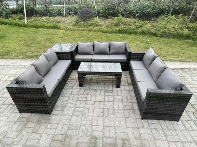 Rackhams Outdoor Rattan Garden Furniture Lounge Sofa Set With Oblong Rectagular Coffee Table And Side Table - image 1