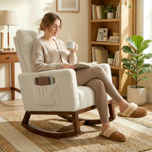 Rackhams Rocking Chair for Adults, Lounge Rocker w/ Lumbar Pillow, Cream White - Rocking chair - 67W x 97D x 110H cm - Snow flannel (polyester), multilayer board, foam, doll cotton, rubberwood - image 1