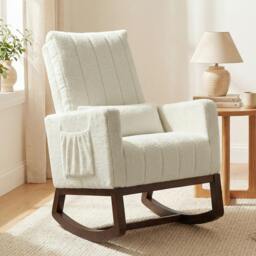 Rackhams Rocking Chair for Adults, Lounge Rocker w/ Lumbar Pillow, Cream White - Rocking chair - 67W x 97D x 110H cm - Snow flannel (polyester), multilayer board, foam, doll cotton, rubberwood - thumbnail 2