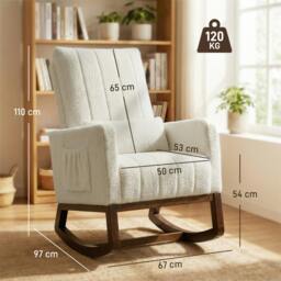 Rackhams Rocking Chair for Adults, Lounge Rocker w/ Lumbar Pillow, Cream White - Rocking chair - 67W x 97D x 110H cm - Snow flannel (polyester), multilayer board, foam, doll cotton, rubberwood - thumbnail 3