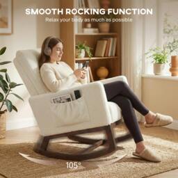 Rackhams Rocking Chair for Adults, Lounge Rocker w/ Lumbar Pillow, Cream White - Rocking chair - 67W x 97D x 110H cm - Snow flannel (polyester), multilayer board, foam, doll cotton, rubberwood - thumbnail 4