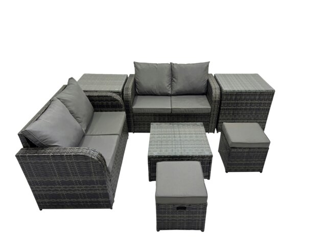 Rackhams Rattan Garden Outdoor Furniture Set Love Sofa Square Coffee Table Set with 2 Side Tables 2 Small Stools Dark Grey Mixed - image 1