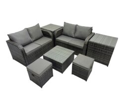 Rackhams Rattan Garden Outdoor Furniture Set Love Sofa Square Coffee Table Set with 2 Side Tables 2 Small Stools Dark Grey Mixed - thumbnail 2
