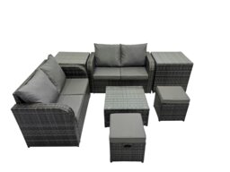 Rackhams Rattan Garden Outdoor Furniture Set Love Sofa Square Coffee Table Set with 2 Side Tables 2 Small Stools Dark Grey Mixed - thumbnail 1