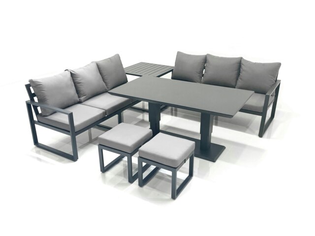 Rackhams 8 Seater Aluminium Outdoor Garden Furniture Set with Adjustable Rising Dining Table 3 Seater Sofa 2 Small Footstool Side Table Dark Grey - image 1