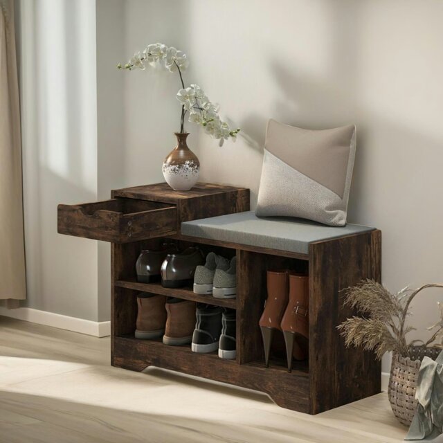 Rackhams Industrial Shoe Storage Bench With 3 Open Shelves Rustic Brown - image 1