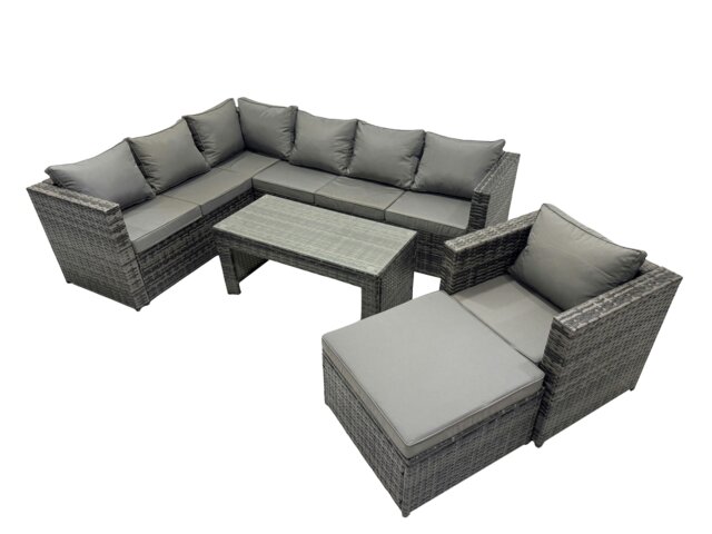 Rackhams 5 Pieces Outdoor PE Rattan Garden Furniture Corner Sofa Oblong Coffee Table Set with Cushions Big Footstool Dark Grey Mixed - image 1