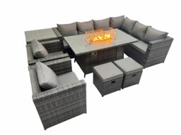 Rackhams Garden Rattan Furniture Set 10 Seater Outdoor Corner Sofa Chair Gas Fire Pit Dining Table Set with 2 Small Stools Side Table Dark Grey - thumbnail 1