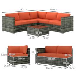Rackhams 4 Pieces Rattan Garden Furniture Sofa Set with Coffee Table Orange - thumbnail 3