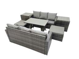 Rackhams Garden Rattan Outdoor Furniture Set 8 Seater with 3 Seater Sofa 2 Side Table 2 Big Stools Dark Grey - thumbnail 1
