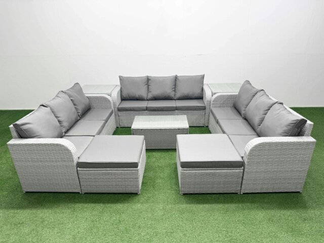 Rackhams 11-Seater Light Grey PE Rattan Outdoor Lounge Set - Rectangular Coffee Table, 3-Seater Sofa, 2 Footstools, 2 Side Tables - image 1