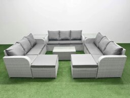 Rackhams 11-Seater Light Grey PE Rattan Outdoor Lounge Set - Rectangular Coffee Table, 3-Seater Sofa, 2 Footstools, 2 Side Tables - thumbnail 1