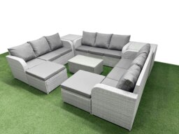 Rackhams 11-Seater Light Grey PE Rattan Outdoor Lounge Set - Rectangular Coffee Table, 3-Seater Sofa, 2 Footstools, 2 Side Tables - thumbnail 2