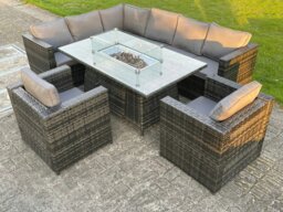 Rackhams Outdoor Rattan Garden Set Corner Furniture Gas Fire Pit Dining Table Sets Gas Heater Lounge Chairs Dark Grey 8 Seater
