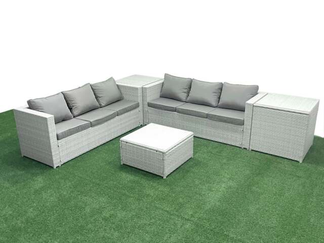 Rackhams Rattan Garden Outdoor Furniture Set 6 Seater Rattan Garden Sofa Set with 2 Side Tables Light Grey Mixed - image 1