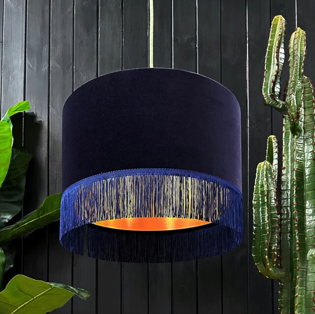 "Rackhams Indigo Velvet Lampshade With Copper Foil Lining and Fringing - Table / Floor Lamp - 70cm Diameter x 30cm Height / (27"" x 12"")" - image 1