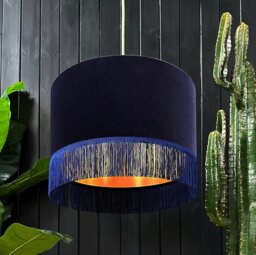 "Rackhams Indigo Velvet Lampshade With Copper Foil Lining and Fringing - Table / Floor Lamp - 70cm Diameter x 30cm Height / (27"" x 12"")" - thumbnail 1