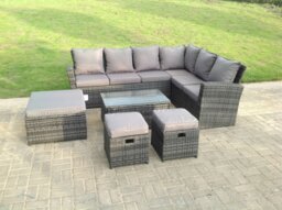 Rackhams 9 Seater High Back Rattan Garden Furniture Set Corner Sofa With Oblong Coffee Table And 3 Footstool - thumbnail 2