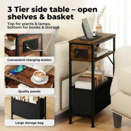 Rackhams Slim Side Table with Charging Station Storage Narrow End Table Sofa Living Room - thumbnail 5
