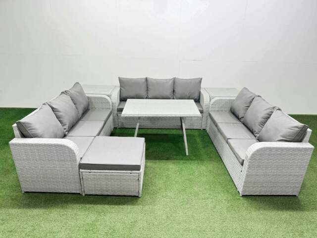 Rackhams 10 Seat Outdoor PE Rattan Garden Furniture with Cushions 3 Seater Sofa 2 Side Tables Big Stool Light Grey - image 1