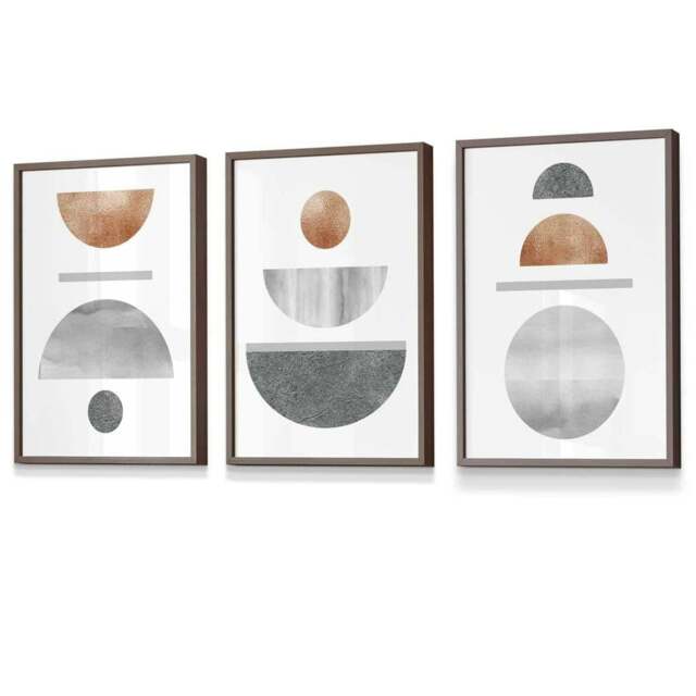Rackhams Copper and Grey Abstract Mid Century Geometric Set of 3 Framed Wall Art - 50x70cm - Light Walnut - image 1