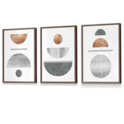 Rackhams Copper and Grey Abstract Mid Century Geometric Set of 3 Framed Wall Art - 50x70cm - Light Walnut - thumbnail 1