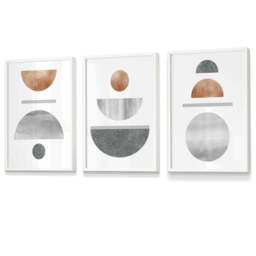 Rackhams Copper and Grey Abstract Mid Century Geometric Set of 3 Framed Wall Art - 50x70cm - Light Walnut - thumbnail 5