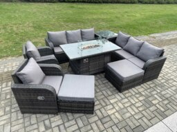 Rackhams 10 Seater Rattan Outdoor Garden Furniture Set with Gas Fire Pit Dining Table, 2 Reclining Chairs, 2 x 3-Seater Sofas, 2 Footstools - Dark Grey - thumbnail 3