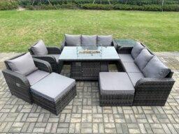 Rackhams 10 Seater Rattan Outdoor Garden Furniture Set with Gas Fire Pit Dining Table, 2 Reclining Chairs, 2 x 3-Seater Sofas, 2 Footstools - Dark Grey - thumbnail 2