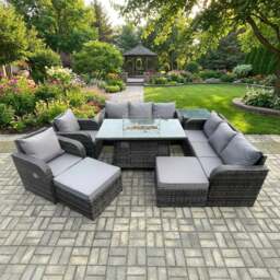 Rackhams 10 Seater Rattan Outdoor Garden Furniture Set with Gas Fire Pit Dining Table, 2 Reclining Chairs, 2 x 3-Seater Sofas, 2 Footstools - Dark Grey - thumbnail 1