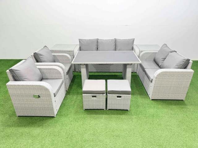 Rackhams 9 Seater Garden Furniture Set PE Rattan Garden Sofa Set with Rectangular Dining Table 2 Small Stools 2 Side Tables Light Grey - image 1