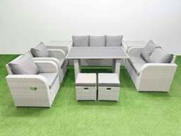 Rackhams 9 Seater Garden Furniture Set PE Rattan Garden Sofa Set with Rectangular Dining Table 2 Small Stools 2 Side Tables Light Grey - thumbnail 1