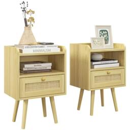 Rackhams Set of Two Rattan Weave Bedside Tables - Wood Effect - thumbnail 1