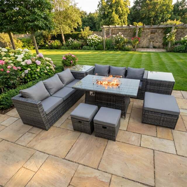 Rackhams 9 Seater Rattan Garden Furniture Set with Fire Pit Dining Table, 2 Sofas, 2 Side Tables & 3 Footstools - Dark Grey - image 1