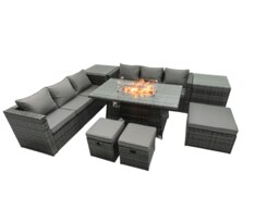 Rackhams 9 Seater Rattan Garden Furniture Set with Fire Pit Dining Table, 2 Sofas, 2 Side Tables & 3 Footstools - Dark Grey - thumbnail 2