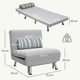 Rackhams Single Sofa Bed, 1 Person Sleeper Foldable Lounge with Pillow, Light Grey - thumbnail 3