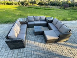Rackhams Rattan Outdoor Furniture Set Patio Garden Sofa Set with Square Coffee Table Big Footstool 2 Side Tables Dark Grey Mixed - thumbnail 2