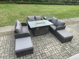 Rackhams Rattan Outdoor Garden Furniture Sofa Set Gas Fire Pit Dining Table Gas Heater with Side Table Love Sofa 2 Big Footstool Dark Grey Mixed - thumbnail 2