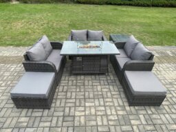 Rackhams Rattan Outdoor Garden Furniture Sofa Set Gas Fire Pit Dining Table Gas Heater with Side Table Love Sofa 2 Big Footstool Dark Grey Mixed - thumbnail 1