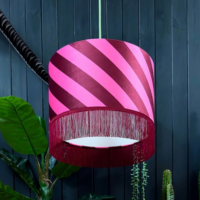 "Rackhams Raspberry Ripple Helter Skelter Velvet Lampshades With Fringing - Ceiling Pendant / Arc Lamp - 40cm diameter x 25cm height / 16"" x 10""" - image 1